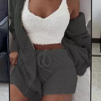 Комплект из 3 предметов: осенне-зимнее женское пальто, жилет, шорты, комплект из плотной плюшевой домашней одежды, одежда для сна, с капюшоном, длинными рукавами, открытая строчка, теплая куртка с завязками на резинке M темно-серого