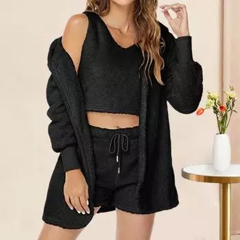 Комплект из 3 предметов: осенне-зимнее женское пальто, жилет, шорты, комплект из плотной плюшевой домашней одежды, одежда для сна, с капюшоном, длинными рукавами, открытая строчка, теплая куртка с завязками на резинке L фиолетовый