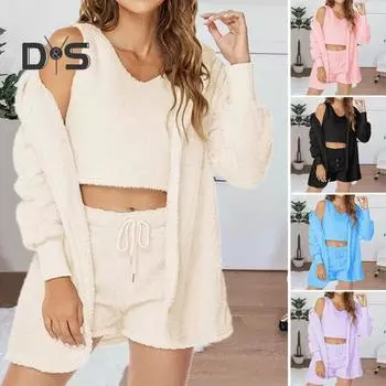 Комплект из 3 предметов: осенне-зимнее женское пальто, жилет, шорты, комплект из плотной плюшевой домашней одежды, одежда для сна, с капюшоном, длинными рукавами, открытая строчка, теплая куртка на шнурке L небесно-голубой