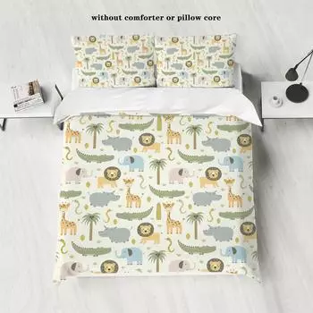 Комплект из 3 предметов пододеяльника из пуха с принтом мультяшного динозавра и льва (1 пододеяльник+2 наволочки, без наполнителя) мягкий комплект постельного белья 135x200cm-EU-Single