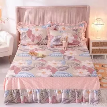 Комплект из 3 предметов, покрывало из 100% хлопка с цветочным принтом, чистый хлопок, мягкая, приятная для кожи, удобная юбка против клещей и 2 наволочки 3pcs set 120x200cm