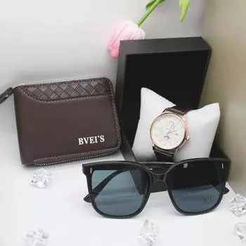 Комплект из 3 предметов, роскошные часы, очки, индивидуальный кошелек, оригинальные классические ретро-модные мужские часы в стиле джентльменства для встреч