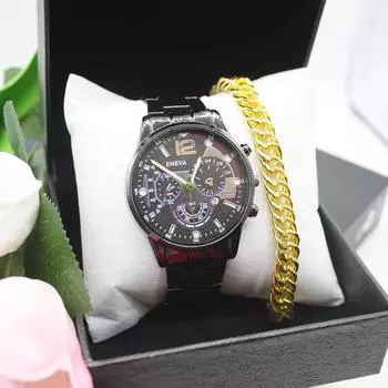 Комплект из 3 предметов, роскошные мужские часы, брендовые мужские часы, браслеты из нержавеющей стали, подходящие браслеты, в комплекте коробка для подарка однокласснику