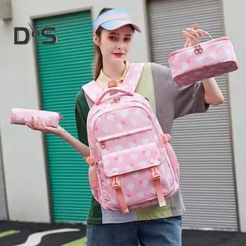 Комплект из 3 предметов, рюкзак включает в себя сумку для обеда и пенал, водонепроницаемый сердечный принт, двойная застежка-молния, регулируемый мягкий плечевой ремень для школьников серый