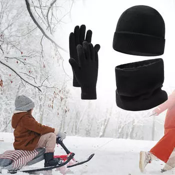 Комплект из 3 предметов: шапка-бини, утеплитель для шеи, перчатки, шарф, ветрозащитный чехол для холодной погоды для женщин, мужчин и девочек чёрный