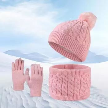 Комплект из 3 предметов: шапка, шарф и перчатки, толстая вязаная теплая шапка, перчатки, скрученная текстура, эластичные перчатки для сенсорного экрана, защита ушей, ветрозащита, зимняя одежда для отдыха на открытом воздухе красный