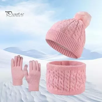 Комплект из 3 предметов: шапка, шарф и перчатки, толстая вязаная теплая шапка, перчатки, скрученная текстура, эластичные перчатки для сенсорного экрана, защита ушей, ветрозащита, зимняя одежда для отдыха на открытом воздухе фиолетовый