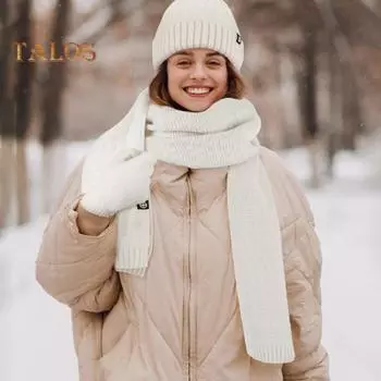 Комплект из 3 предметов: шапка, шарф, перчатки, толстая вязаная теплая шапка, перчатки с пятью пальцами, эластичная защита ушей, ветрозащитная зимняя повязка на голову для велоспорта, катания на лыжах чёрный