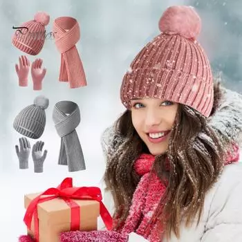 Комплект из 3 предметов: шапка, шарф, перчатки, толстая вязаная теплая шапка, нескользящие перчатки, эластичная защита ушей, ветрозащитная зимняя шапка для велоспорта, катания на лыжах, купольная шапка для шеи чёрный