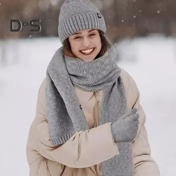 Комплект из 3 предметов: шапка, шарф, перчатки, толстая вязаная теплая шапка, перчатки с пятью пальцами, эластичная защита ушей, ветрозащитная зимняя повязка на голову для велоспорта, катания на лыжах чёрный