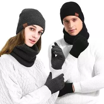 Комплект из 3 предметов: шапка, шарф, перчатки, толстая вязаная теплая шапка, перчатки для сенсорного экрана, эластичная защита ушей, ветрозащитная зимняя шапка для велоспорта, катания на лыжах, купольная шапка для шеи чёрный