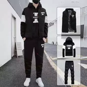 Комплект из 3 предметов: толстовки с капюшоном + жилет + брюки, повседневный мужской спортивный костюм, пальто, зимний толстый теплый спортивный костюм для мужчин, мужской комплект с принтом, жилет 4XL