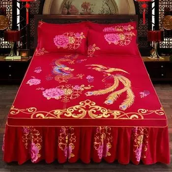 Комплект из 3 предметов, юбка-кровать, утолщенное шлифовальное покрывало, свадебное простыня, мягкая нескользящая юбка размера King Queen Size 3pcs Set 100x200cm