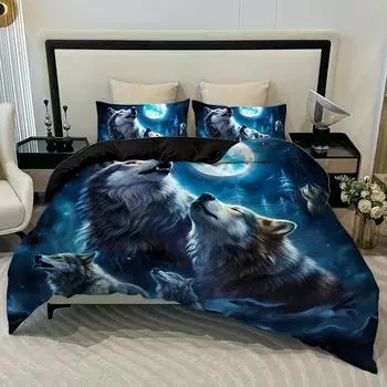 Комплект из 3 предметов: Волк, ревущая луна, мягкая ткань, 100% полиэстер, 1 пододеяльник, 2 наволочки, без подушки EUsingle135x200cm