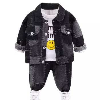 Комплект из 3 предметов: верх и низ из денима в стиле пэчворк, джинсы с длинным рукавом, корейская одежда для мальчиков, 80 см, 90 см, 100 см, 110 см, 120 см [EnDast] Футболка чёрный