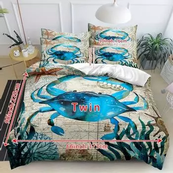Комплект из 3 предметов: винтажный морской пододеяльник, 3D-печатный краб, морская жизнь, пододеяльник с наволочкой, мягкий и удобный комплект постельного белья Eu-Single135x200cm