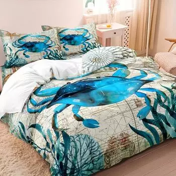 Комплект из 3 предметов: винтажный морской пододеяльник, 3D-печатный краб, морская жизнь, пододеяльник с наволочкой, мягкий и удобный комплект постельного белья Eu-Single135x200cm