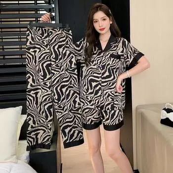 Комплект из 3 предметов, женские пижамы с короткими рукавами из ледяного шелка, новые летние пижамы в полоску зебры, модные пижамы с принтом L зебра