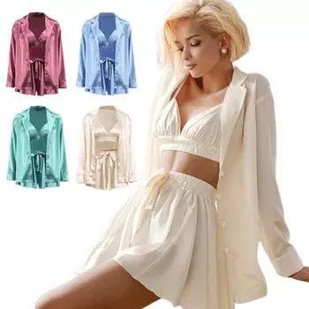 Комплект из 3 предметов, женские сексуальные шорты, юбки, пижамные халаты, халат с рюшами, женские пижамы, халаты, женские пижамные комплекты, ночные рубашки L