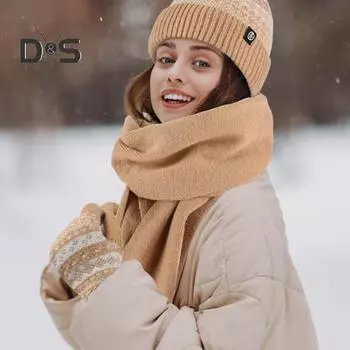 Комплект из 3 предметов: зимняя шапка, шарф, перчатки, снежинки, геометрический узор, шапка, длинный шарф, термовязаные ветрозащитные перчатки серый