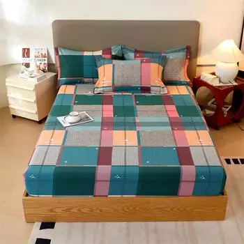 Комплект из 3 простыней на резинке с классическим геометрическим узором, удобная мягкая утолщенная хлопковая простыня на резинке и 2 наволочки на все сезоны 120x200x25cm 3Pcs