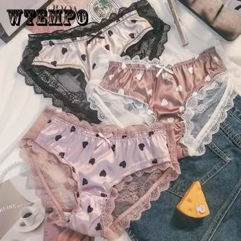 Комплект из 3 шт., дышащие трусы с цветным принтом в виде сердца, удобные эластичные трусики, женское нижнее белье с контрастным кружевом и бантом M