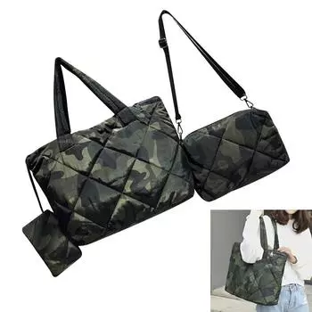 Комплект из 3 сумок, женская стеганая сумка-тоут, пухлая сумка через плечо, мягкая сумка-кошелек, зимняя дорожная сумка армия зеленый