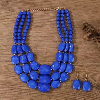 Комплект из 3 украшений в стиле бохо-винтаж - многослойное геометрическое ожерелье и серьги из смоляных бусин синий