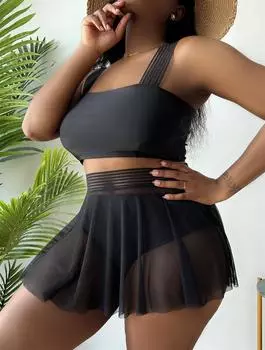 Комплект из 3 женских купальников больших размеров, топ на бретельках, пляжная одежда, купальные костюмы 0XL чёрный