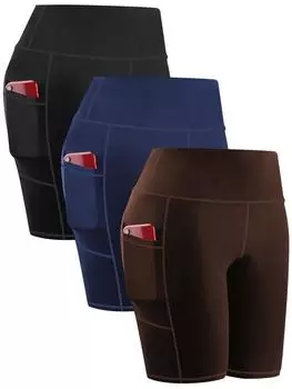 Комплект из 3 женских спортивных леггинсов больших размеров - шорты для йоги-байкера с карманами для телефона - для женщин - подходит для йоги, тренировок и повседневной носки L королевский синий/чёрный