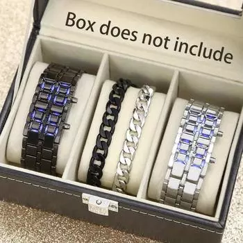 Комплект из 4 часов, ожерелье, модные цифровые часы из нержавеющей стали с синим светодиодным дисплеем, мужские часы-браслет, мужской подарок, спортивные креативные часы