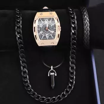 Комплект из 4 часов-ожерелья, деловые мужские модные кварцевые часы с календарем, квадратные мужские часы из искусственной кожи, идеальный подарок для меня