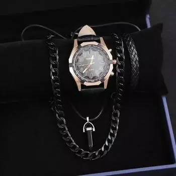 Комплект из 4 часов-ожерелья, деловые мужские модные кварцевые часы с календарем, роскошные мужские часы из искусственной кожи, идеальный подарок для мужчин