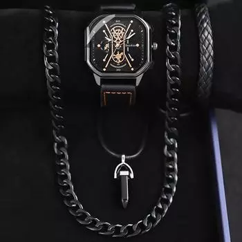 Комплект из 4 часов-ожерелья, деловые мужские модные кварцевые часы с календарем, роскошные мужские часы с ремешком из искусственной кожи, идеальный подарок для мужчин