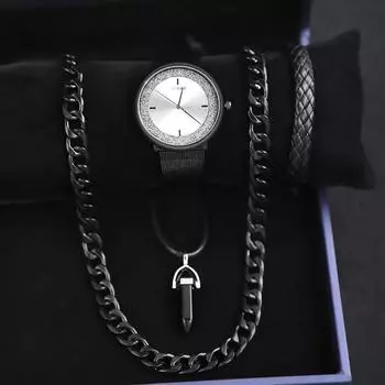 Комплект из 4 часов-ожерелья, деловые мужские модные кварцевые часы с календарем, роскошные мужские часы с сетчатым ремешком, идеальный подарок для мужчин