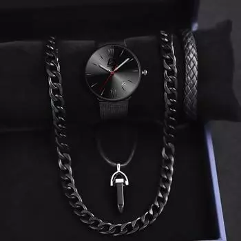 Комплект из 4 часов-ожерелья, деловые мужские модные кварцевые часы с календарем, роскошные мужские часы с сетчатым ремешком, идеальный подарок для мужчин