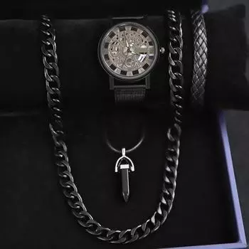 Комплект из 4 часов-ожерелья, деловые мужские модные кварцевые часы с календарем, роскошные мужские часы с сетчатым ремешком, идеальный подарок для мужчин