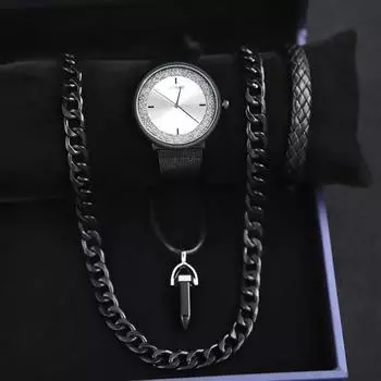 Комплект из 4 часов-ожерелья, деловые мужские модные кварцевые часы с календарем, роскошные мужские часы с сетчатым ремешком, идеальный подарок для мужчин