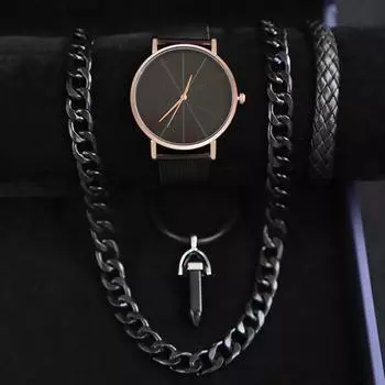 Комплект из 4 часов-ожерелья, деловые мужские модные кварцевые часы с календарем, роскошные мужские часы с сетчатым ремешком, идеальный подарок для мужчин