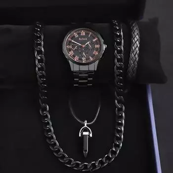 Комплект из 4 часов-ожерелья, стильные деловые мужские кварцевые часы с календарем, роскошные мужские часы с ремешком из нержавеющей стали, идеальный подарок для мужчин