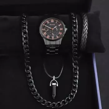 Комплект из 4 часов-ожерелья, стильные деловые мужские кварцевые часы с календарем, роскошные мужские часы с ремешком из нержавеющей стали, идеальный подарок для мужчин