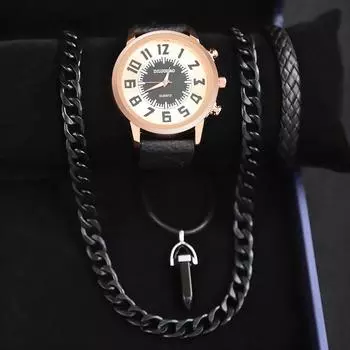 Комплект из 4 часов-ожерелья, стильные деловые мужские кварцевые часы с календарем, роскошные мужские часы из искусственной кожи, идеальный подарок для меня