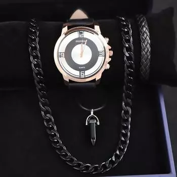 Комплект из 4 часов-ожерелий, деловые мужские модные кварцевые часы с календарем, роскошные мужские часы из искусственной кожи, идеальный подарок для меня