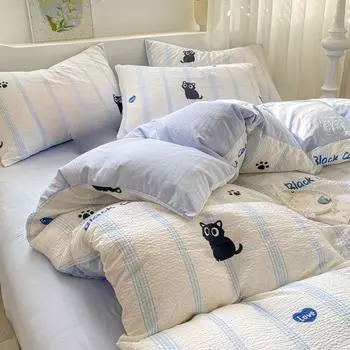 Комплект из 4-х предметов из хлопка в полоску с рисунком маленького черного кота в скандинавском стиле, простыня с рисунком из мультфильма, комплект из 3-х предметов для общежития 1.2m bed