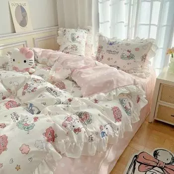 Комплект из 4-х предметов постельного белья Sanrio Hello Kitty из чистого хлопка с оборками, популярный персонаж в Корее