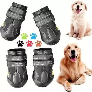 Комплект из 4-х всесезонных водонепроницаемых сапог для собак — нескользящие, светоотражающие защитные накладки на лапы для крупных и мелких пород | Отлично подходит для прогулок по снегу, дождю и по горячим тротуарам