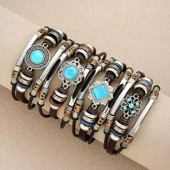 Комплект из 4 мужских браслетов в стиле бохо из бирюзы и искусственной кожи IF ME - подойдет для повседневного ношения или в качестве подарка друзьям