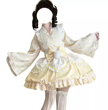 Комплект из 4 предметов, цельный, летняя и осенняя японская одежда, кимоно, топы, юката, летняя мини-юбка, фартук, оби с ленточным клетчатым узором, милый длинный рукав, масса жёлтый