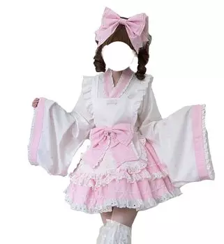 Комплект из 4 предметов, цельный, весна, лето, осень, японская одежда, кимоно, юката, карнавальный костюм, костюм принцессы, рукава, топы, мини-юбка, фартук с розовый