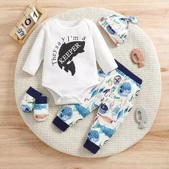 Комплект из 4 предметов: детский хлопковый комбинезон с буквенным принтом, шапочка, штаны с рисунком рыбалки и детские варежки 1-3M